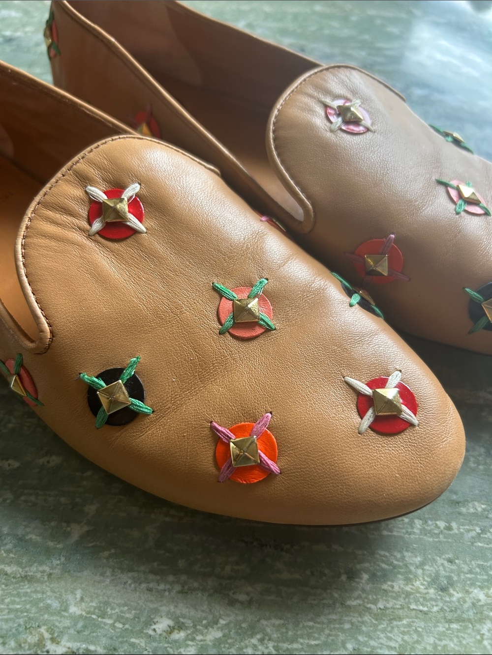 Tory Burch Tan Leather Slip-On Loafers with Multicolor Star Studs